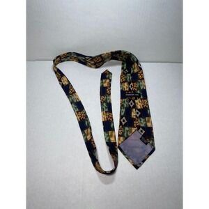 Korean Air 100% Silk Tie Navy Blue Green Gold Patchwork Floral Geometric Mens